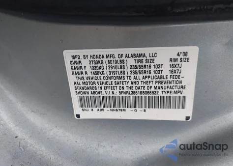 2008 Honda Odyssey Ex-L z USA, uszkodzony, nr VIN 5FNRL38618B066532